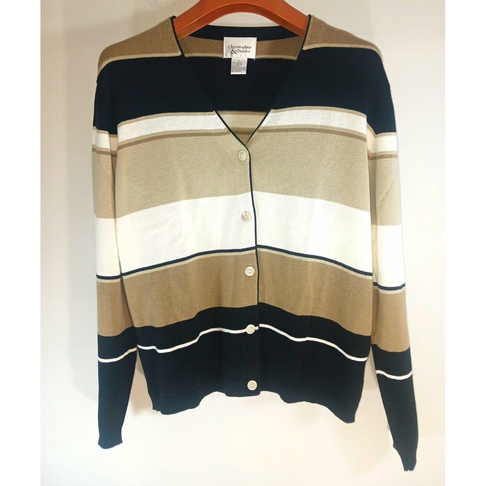 Christopher & Banks Women's Striped Knit V-Neck Button Front Cardigan Sweater L
